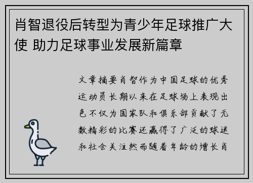肖智退役后转型为青少年足球推广大使 助力足球事业发展新篇章