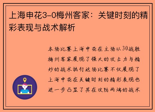 上海申花3-0梅州客家：关键时刻的精彩表现与战术解析